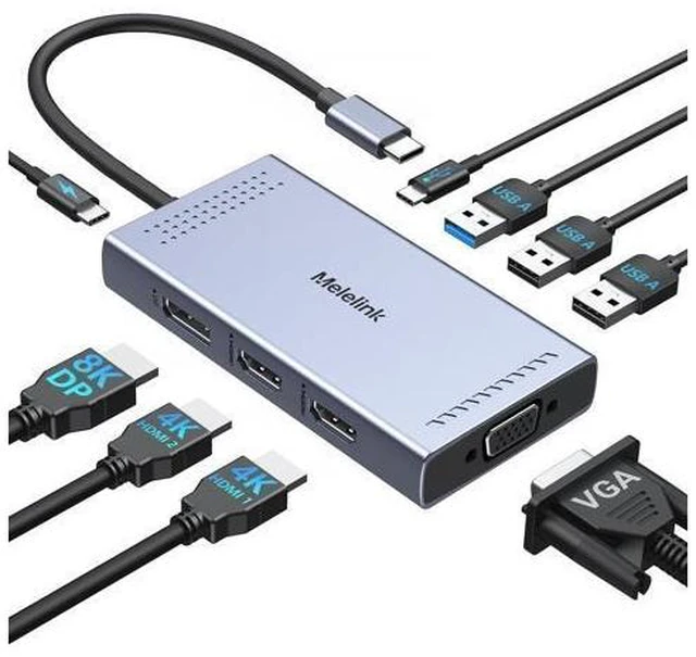 Alt view image 8 of 14 - USB C Docking Station Dual HDMI Monitor Adapter, Melelink USB C Hub 3 Monitors with 2X HDMI 4K, 8K Displayport, VGA, 100W PD, USB C&A Ports, 9 in 1 Laptop Docking Station for Dell, HP, Lenovo, etc