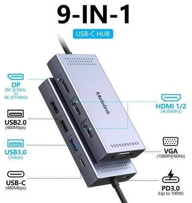 Alt view image 9 of 14 - USB C Docking Station Dual HDMI Monitor Adapter, Melelink USB C Hub 3 Monitors with 2X HDMI 4K, 8K Displayport, VGA, 100W PD, USB C&A Ports, 9 in 1 Laptop Docking Station for Dell, HP, Lenovo, etc
