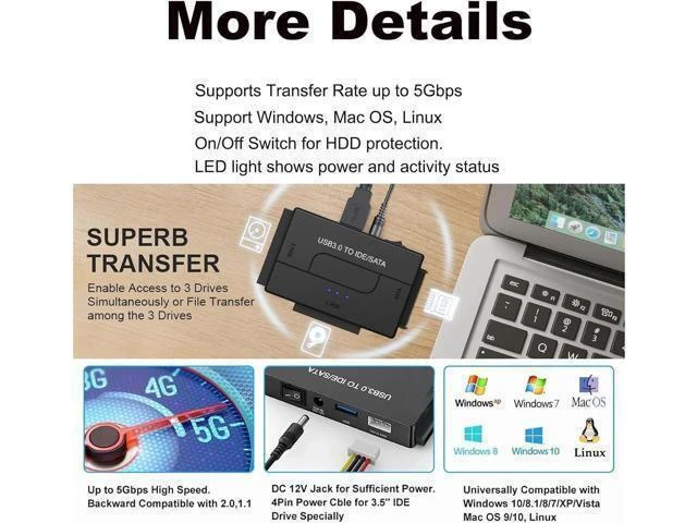 Alt view image 10 of 14 - USB 3.0 to IDE and SATA Converter External Hard Drive Adapter Kit for Universal 2.5/3.5 HDD/SSD Hard Drive Disk, Included 12V/2A Power Adapter