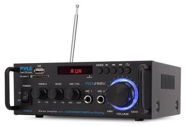 Alt view image 8 of 14 - 200W Bluetooth Compact Power Amplifier - Wireless 2 Channel Audio Receiver with Dual Karaoke Mic Input - RCA - USB-A + SD Card MP3 Player - FM Radio - AUX In - Remote Control - PDA29BU