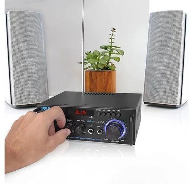 Alt view image 9 of 14 - 200W Bluetooth Compact Power Amplifier - Wireless 2 Channel Audio Receiver with Dual Karaoke Mic Input - RCA - USB-A + SD Card MP3 Player - FM Radio - AUX In - Remote Control - PDA29BU