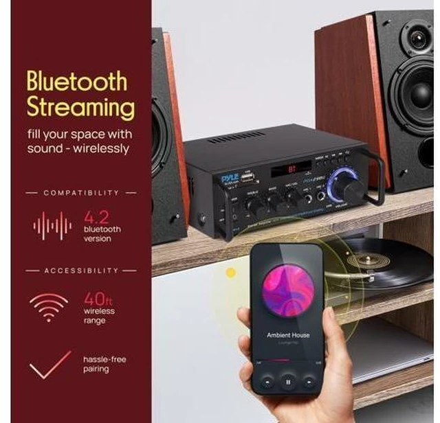 Alt view image 10 of 14 - 200W Bluetooth Compact Power Amplifier - Wireless 2 Channel Audio Receiver with Dual Karaoke Mic Input - RCA - USB-A + SD Card MP3 Player - FM Radio - AUX In - Remote Control - PDA29BU