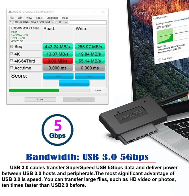 Alt view image 11 of 14 - USB 3.0 Type-A to SATA 7+9 16Pin Micro SATA 1.8inch Solide Disk Drive SSD Adapter Cable 5Gbps 90 Degree Angled Connector