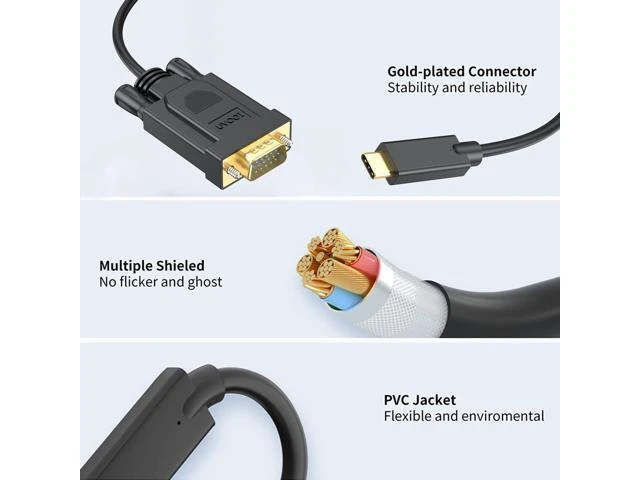 Alt view image 10 of 14 - USB-C to VGA Cable 1.8M (6Ft) Thunderbolt3 Type-C to VGA Cable Adapter Male-to-Male For Projector Monitor Laptop Smartphone