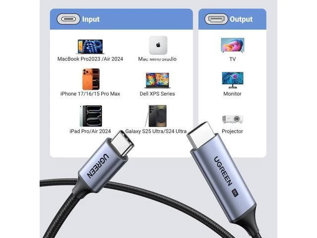 Alt view image 14 of 14 - UGREEN USB C to HDMI Cable 8K@60Hz 4K@240Hz Thunderbolt 4/3 Type C to HDMI 2.1 Cable 48Gbps HDR HDCP2.3 Compatible for MacBook Pro Air iPad, Mac mini, iPhone 17 ProMax, Galaxy S25, Pixel 9, XPS, 5FT