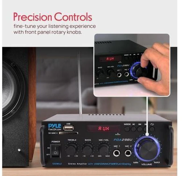 Alt view image 12 of 14 - 200W Bluetooth Compact Power Amplifier - Wireless 2 Channel Audio Receiver with Dual Karaoke Mic Input - RCA - USB-A + SD Card MP3 Player - FM Radio - AUX In - Remote Control - PDA29BU