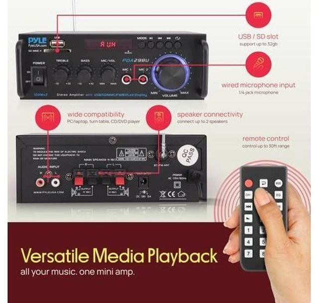 Alt view image 13 of 14 - 200W Bluetooth Compact Power Amplifier - Wireless 2 Channel Audio Receiver with Dual Karaoke Mic Input - RCA - USB-A + SD Card MP3 Player - FM Radio - AUX In - Remote Control - PDA29BU