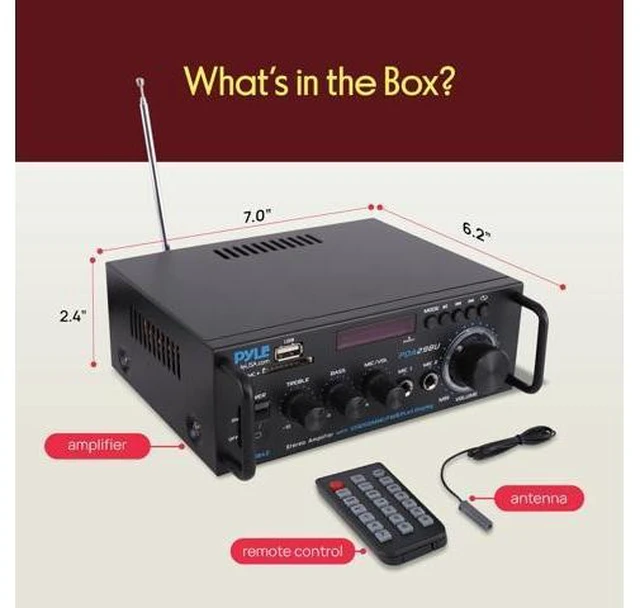 Alt view image 14 of 14 - 200W Bluetooth Compact Power Amplifier - Wireless 2 Channel Audio Receiver with Dual Karaoke Mic Input - RCA - USB-A + SD Card MP3 Player - FM Radio - AUX In - Remote Control - PDA29BU
