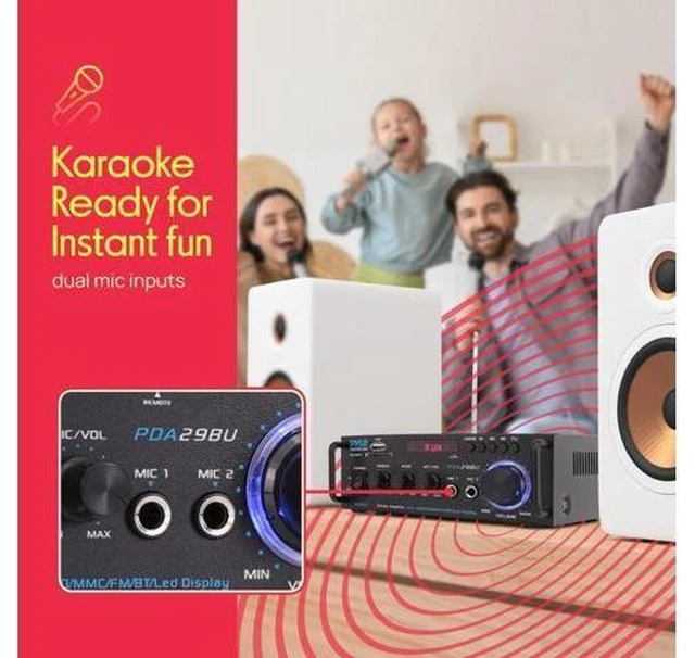 Alt view image 11 of 14 - 200W Bluetooth Compact Power Amplifier - Wireless 2 Channel Audio Receiver with Dual Karaoke Mic Input - RCA - USB-A + SD Card MP3 Player - FM Radio - AUX In - Remote Control - PDA29BU