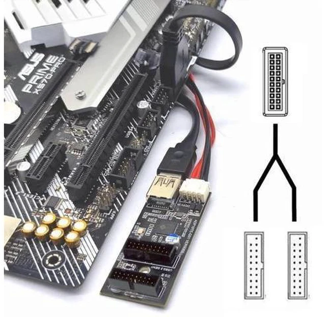 Alt view image 10 of 12 - USB 3.0 19/20Pin 1 to 2 USB 3.0 19/20Pin HUB Port Multiplier PCBA Adapter with SATA Power Cable