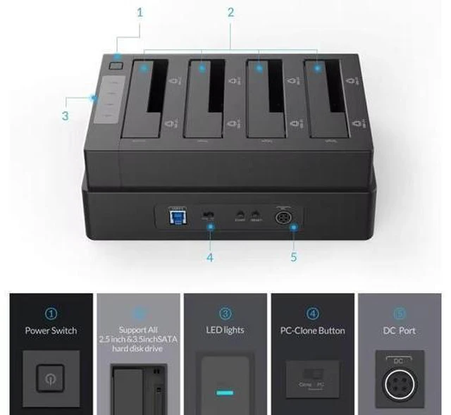 Alt view image 8 of 10 - External Hard 4-Bay Docking Station USB 3.0 to SATA Supports 2.5/3.5in HDD/SSD Data 5Gbps High Speed