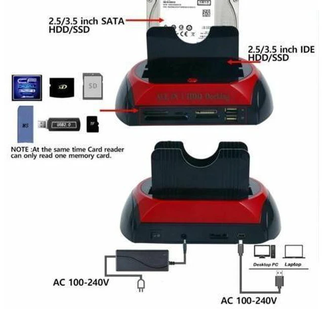 Alt view image 9 of 14 - Hard Drive Docking Station For SATA and IDE, USB to 2.5/3.5 Inch SATA IDE Dual Bay External Enclosure, All in 1 Card Reader XD/TF/MS/CF/ SD Card, USB Hub Function. for 2.5" 3.5" IDE SATA I/II/III HDD