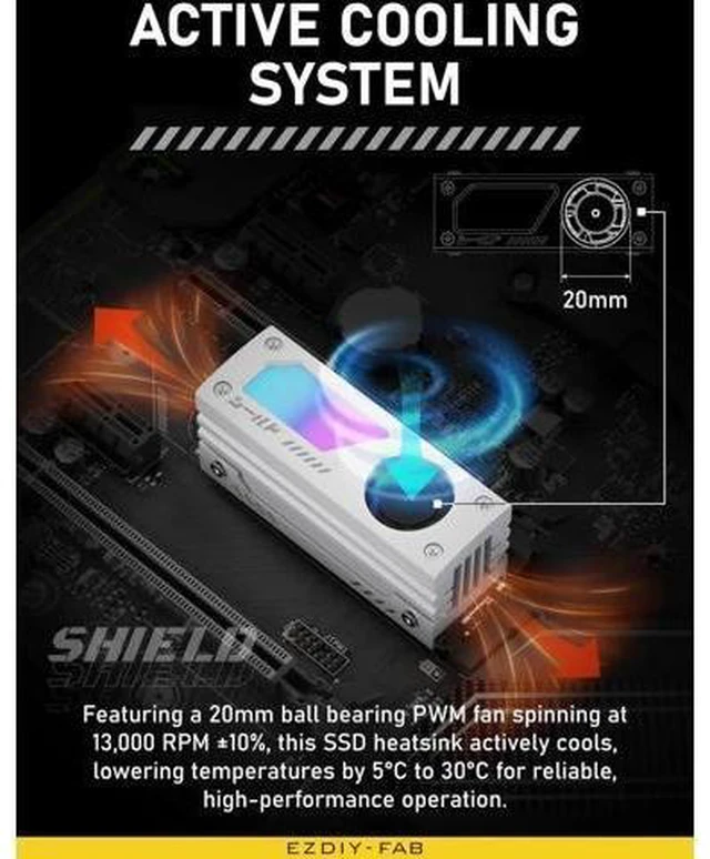 Alt view image 12 of 14 - Shield ARGB M.2 SSD Heatsink with Build-in 20mm PWM Fan, Premium Aluminum Design,5V 3-Pin ARGB Sync, High-Performance SSD Cooler for M.2 2280-White-1 Pack