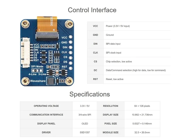 Alt view image 8 of 8 - 0.96inch OLED Display Module for Raspberry Pi/Arduino/STM32, 64×128 Resolution 65K Colors RGB OLED Screen, 3/4-wire SPI Interface, 3.3V / 5V