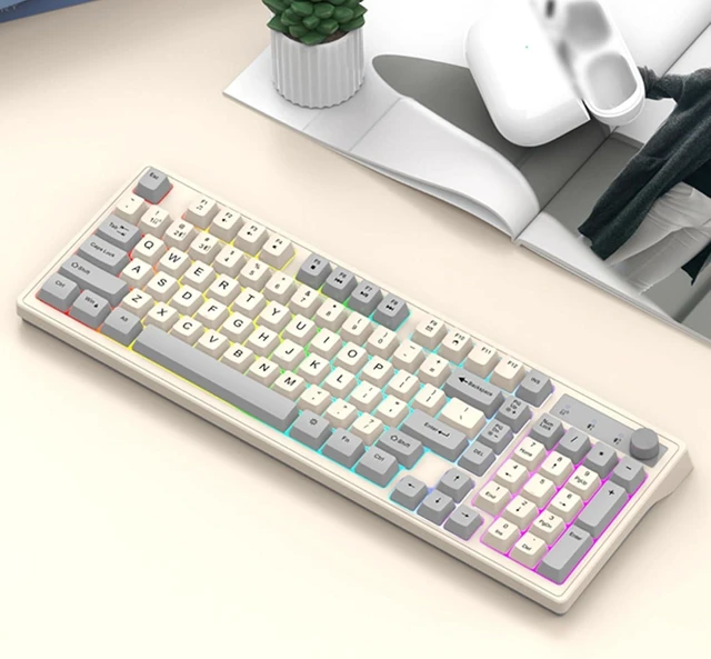 Alt view image 7 of 8 - Gaming Keyboard, Dual-Mode BT/2..4GHz Mechanical Keyboard with Backlit Rechargeable Keyboard, 98 Keys Wireless Keyboard with Volume Control Knob for Computer, Laptop, PC - Gray/Blue/Shimmer Gray