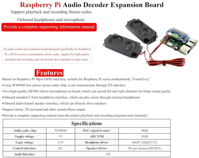 Alt view image 10 of 14 - WM8960 Audio HAT Compatible with Raspberry Pi 5/4B/3B+/3B/Pi Zero/Zero W/Pi Zero 2W/Zero 2WH/Pico W/Pico 2W, WM8960 Hi-Fi Sound Card HAT, Stereo CODEC, Hi-Fi Play/Record, Come with 8 5W Speaker