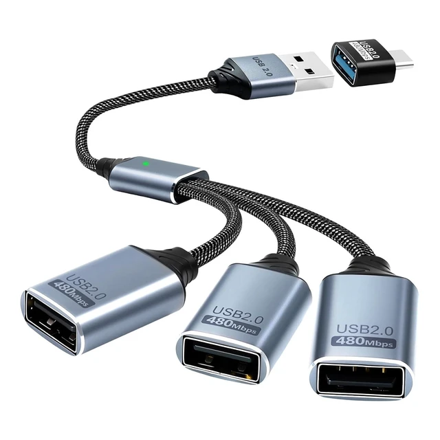Alt view image 7 of 12 - USB Splitter 1 to 3 with USB A to C Adapter, USB 2.0 Extension Cable 3 Port Hub for PC, MacBook, Laptop, Flash Drive, Keyboard 0.8FT/25cm-Grey