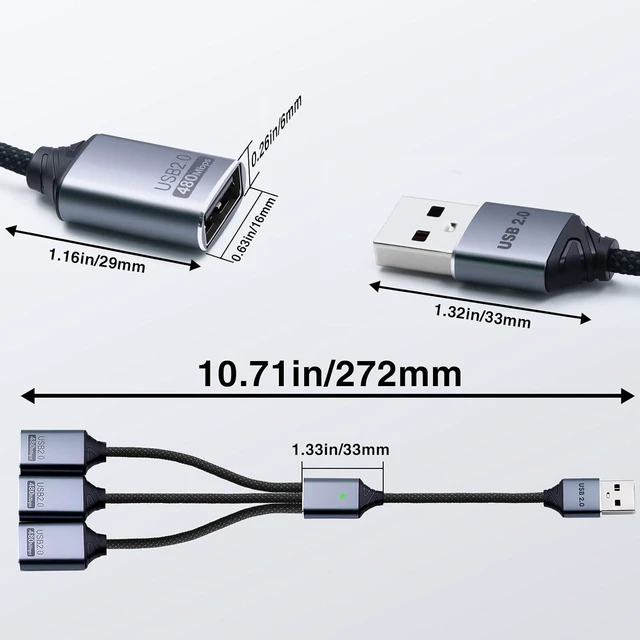 Alt view image 8 of 12 - USB Splitter 1 to 3 with USB A to C Adapter, USB 2.0 Extension Cable 3 Port Hub for PC, MacBook, Laptop, Flash Drive, Keyboard 0.8FT/25cm-Grey