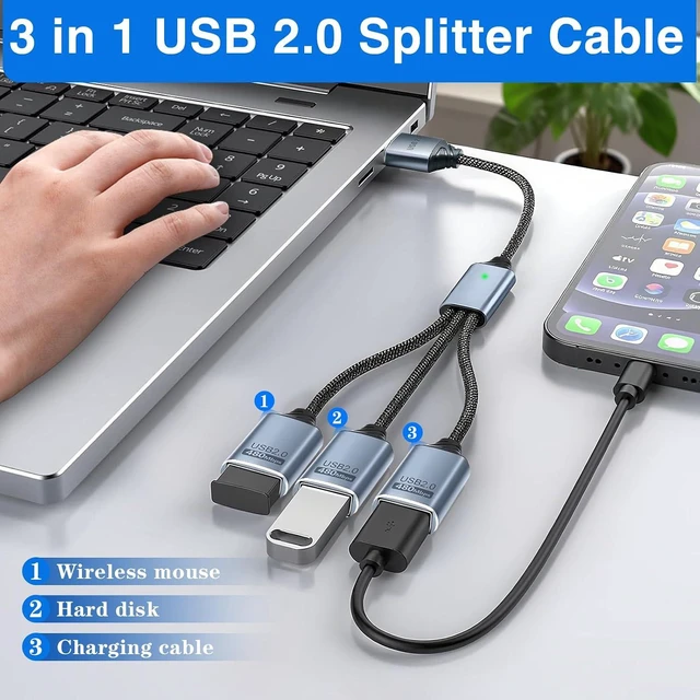 Alt view image 9 of 12 - USB Splitter 1 to 3 with USB A to C Adapter, USB 2.0 Extension Cable 3 Port Hub for PC, MacBook, Laptop, Flash Drive, Keyboard 0.8FT/25cm-Grey