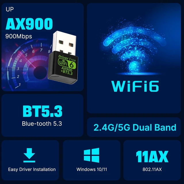 Alt view image 10 of 14 - AX900 USB WiFi 6 Adapter with Bluetooth 5.3, RTL8851BU Chip, Dual-Band 2.4GHz/5GHz up to 900Mbps, 802.11ax Wireless Network Card for PC Gaming Office