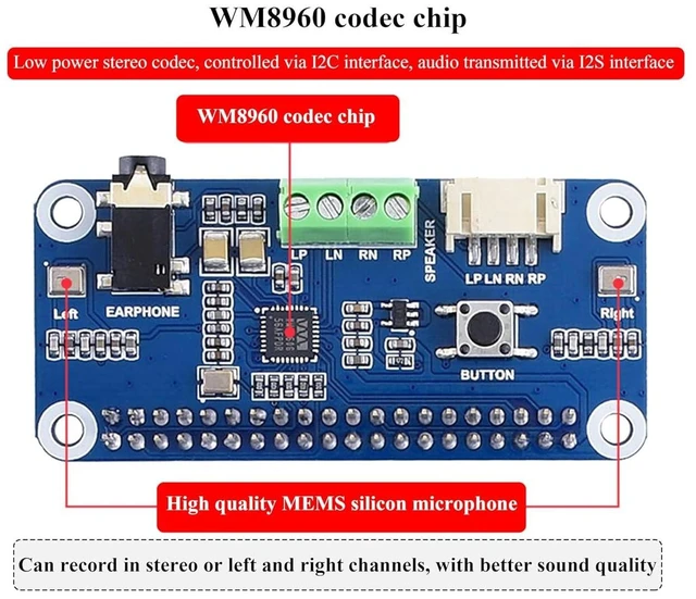 Alt view image 12 of 14 - WM8960 Audio HAT Compatible with Raspberry Pi 5/4B/3B+/3B/Pi Zero/Zero W/Pi Zero 2W/Zero 2WH/Pico W/Pico 2W, WM8960 Hi-Fi Sound Card HAT, Stereo CODEC, Hi-Fi Play/Record, Come with 8 5W Speaker