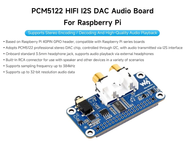 Alt view image 9 of 14 - PCM5122 HiFi I2S DAC Sound Card Audio Board Compatible with Raspberry Pi 5/4B/3B+/3B/Pi Zero W/Zero 2W/Pico W/Pico 2W, Stereo Encoding/Decoding, Onboard 3.5mm Headphone Jack & RCA Connector