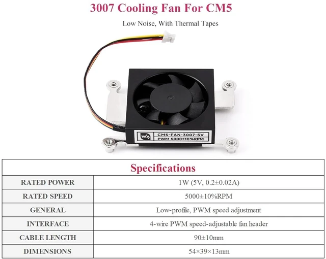 Alt view image 9 of 14 - Dedicated 3007 Cooling Fan Compatibe with Raspberry Pi Compute Module 5, Low Noise 5V Power Supply PWM Speed Adjustment, with Thermal Tapes