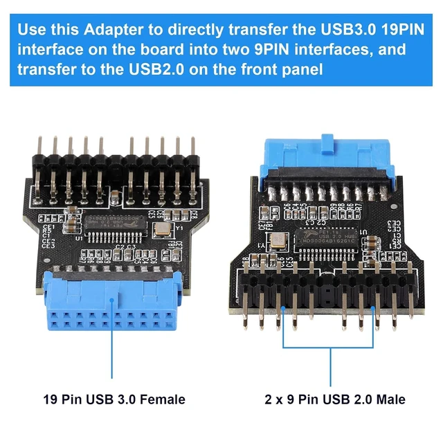 Alt view image 11 of 14 - USB 3.0 9PIN to USB2.0 9PIN Front Panel Socket Adapter Card,USB 3.0 Motherboard 19PIN to Dual 9-PIN Interface Expansion Card