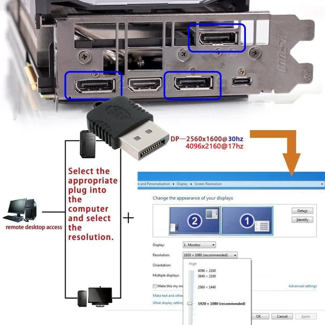 Alt view image 13 of 14 - DP Virtual Display Adapter Displayport Dummy Plug Headless Ghost DP Emulator Compatible with Remote Desktop Laptop Server NAS Black Color (4K@17hz)