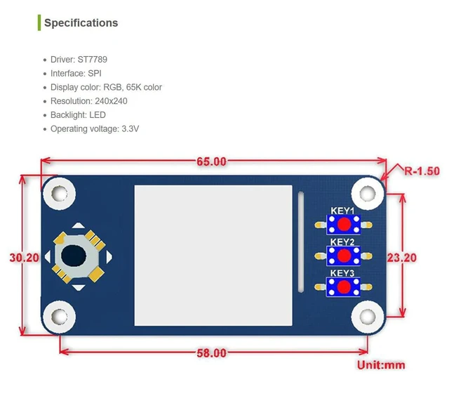 Alt view image 12 of 12 - 1.3 Zoll LCD Display HAT for Raspberry Pi, 240x240 IPS, SPI, Joystick & 3X Buttons