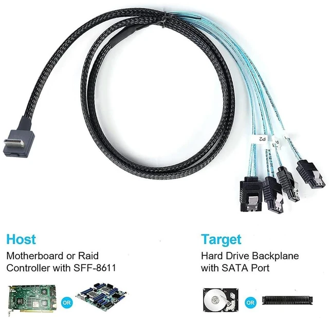 Alt view image 9 of 14 - PCIE Oculink-Compatible SAS SFF-8611 4i 90° to 4* SATA 7P Server Super Speed Cable Data Transfer Extension Cable (100cm)