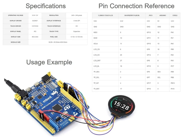 Alt view image 13 of 14 - 1.28inch Touch LCD Display Module, 240×240 Resolution Round LCD IPS Screen, 65K Colors Display, 4-Wire SPI and I2C Communication, Support Raspberry Pi/Raspberry Pi Pico/Arduino/STM32