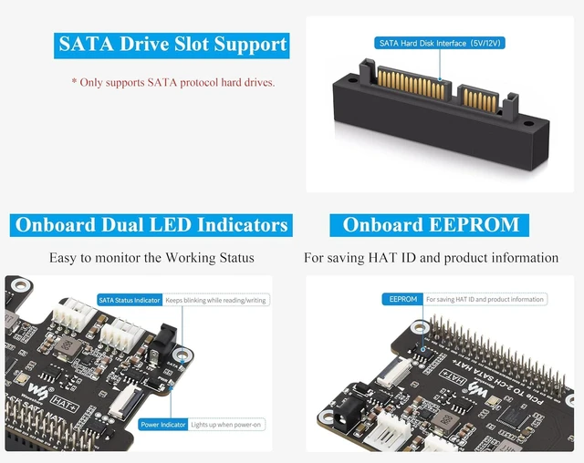 Alt view image 13 of 14 - PCIe to 2-CH SATA Adapter Compatible with Raspberry Pi 5,SATA 3.0, Onboard Dual LED Indicators and EEPROM, HAT + Standard, Driver-Free, Plug and Play