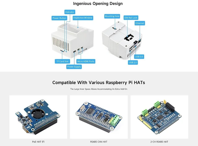 Alt view image 10 of 12 - Case for Raspberry Pi 5, DIN Rail ABS Case Compatible with Raspberry Pi Hats PoE HAT (F), RS485 CAN HAT etc. Clear Top Window, Large Inner Space, Injection Moduling
