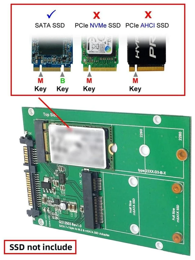 Alt view image 13 of 14 - 2-in-1 Combo M.2 B+M-Key & mSATA 68Pin SSD to 2.5 inch SATA 3.0 22Pin Adapter Converter Case Enclosure with Green PCBA