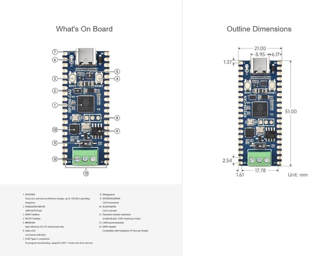 Alt view image 12 of 12 - RP2350 CAN Development Board Based on Rasp Pi RP2350 Dual-core & Dual-Architecture Microcontroller Chip, Onboard XL2515 CAN Controller, Compatible with Raspberry Pi Pico Modules