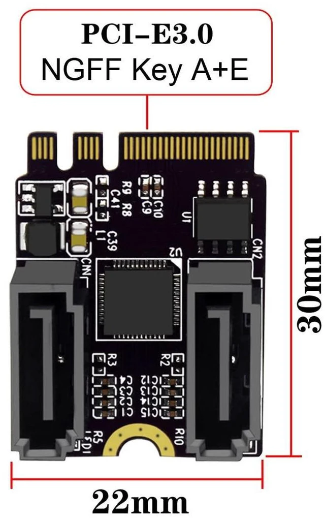 Alt view image 9 of 14 - Key A+E PCI Express to SATA 3.0 6Gbps Dual Ports Adapter Converter Hard Drive Extension Card JMB582 2230,SATA PM Multiplier Port Selector