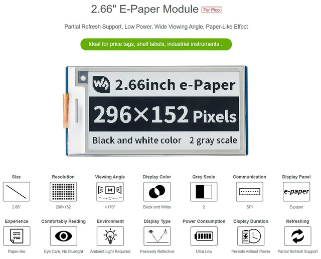 Alt view image 9 of 14 - 2.66inch E-Paper Module for Raspberry Pi Pico, Black/White Two-Color E-Ink Display SPI Interface Support Partial Refresh