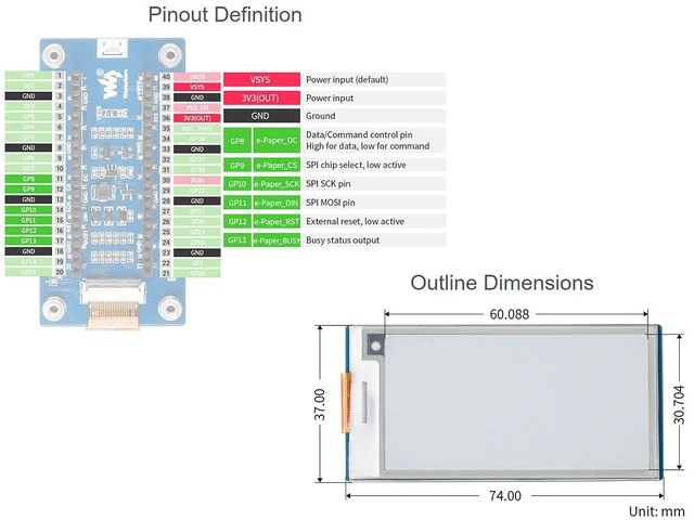 Alt view image 14 of 14 - 2.66inch E-Paper Module for Raspberry Pi Pico, Black/White Two-Color E-Ink Display SPI Interface Support Partial Refresh