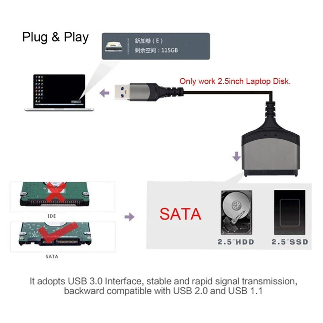 Alt view image 11 of 14 - 5Gbps USB 3.0 Type-A to SATA 22 Pin Adapter Cable for 2.5" Hard Disk Drive SSD