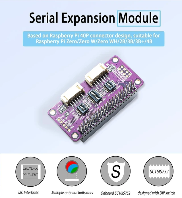 Alt view image 9 of 14 - Serial Expansion Module I2C Interface for Raspberry Pi, Adopts SC16IS752 Chip 8-bit I/O Expander 2-Channel UART 8 GPIOs Expansion, Slide Switch