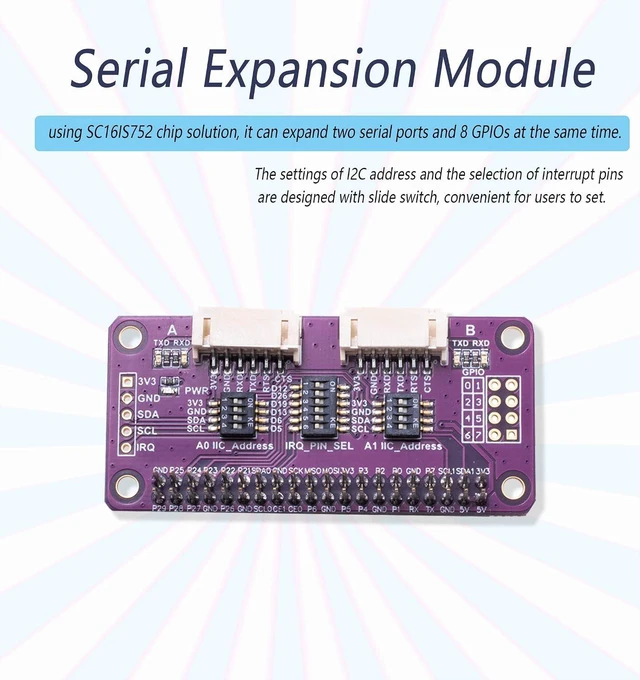 Alt view image 12 of 14 - Serial Expansion Module I2C Interface for Raspberry Pi, Adopts SC16IS752 Chip 8-bit I/O Expander 2-Channel UART 8 GPIOs Expansion, Slide Switch