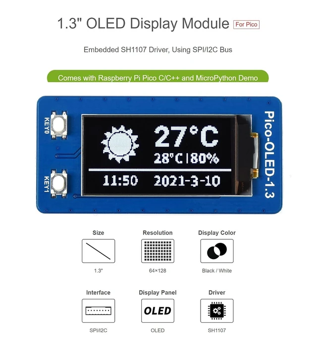 Alt view image 10 of 14 - 1.3 inch OLED Display for Raspberry Pi Pico, 64×128 Pixels, Embedded SH1107 Driver, Using SPI/I2C Bus, Better Compatibility, Fast Data Rate