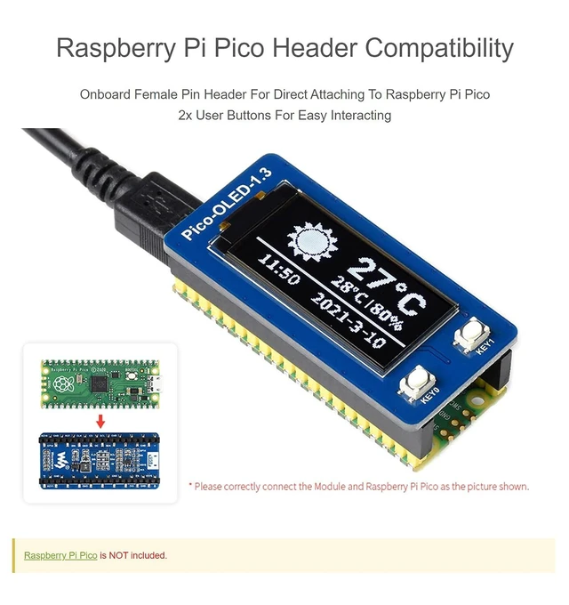 Alt view image 11 of 14 - 1.3 inch OLED Display for Raspberry Pi Pico, 64×128 Pixels, Embedded SH1107 Driver, Using SPI/I2C Bus, Better Compatibility, Fast Data Rate