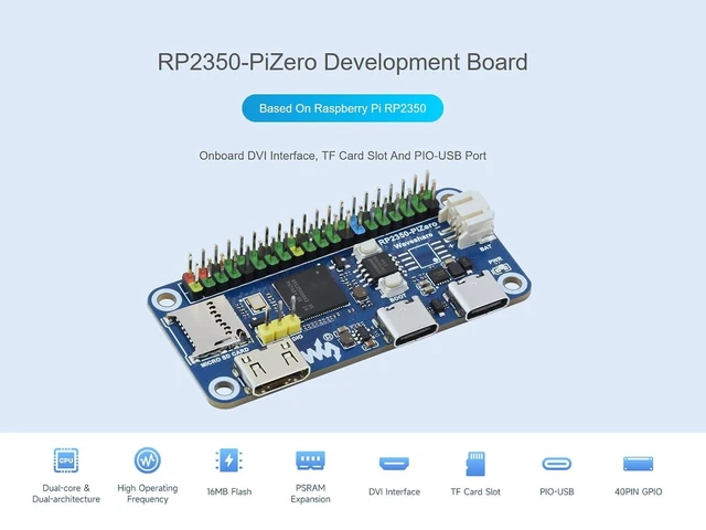 Alt view image 9 of 14 - RP2350-PiZero Microcontroller Development Board Based on Raspberry Pi RP2350, Onboard DVI Interface, TF Card Slot and PIO-USB Port, Compatible with Raspberry Pi 40PIN GPIO Header, 16MB Flash