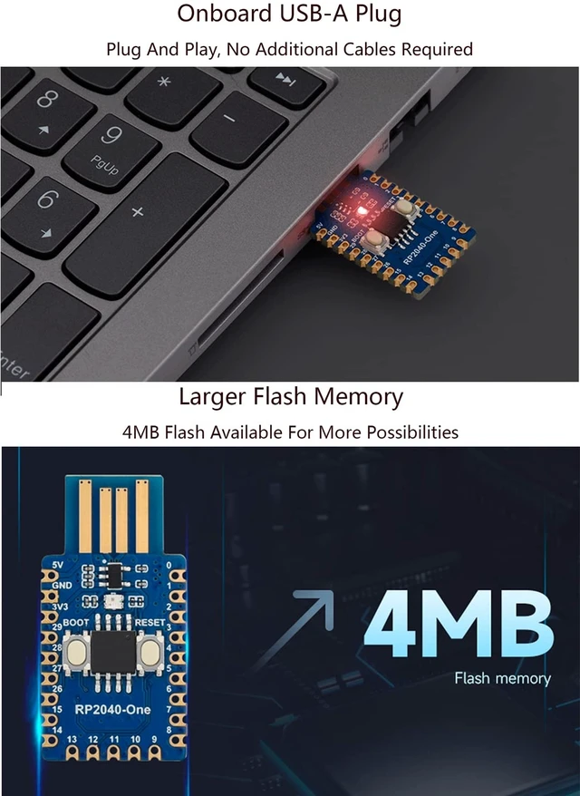 Alt view image 10 of 14 - RP2040-One, Pico-Like MCU Board Based on Raspberry Pi RP2040, 4MB Flash MCU Board, Dual-Core Arm Cortex M0+ Processor up to 133 MHz, Onboard USB Type-A Plug,Plug and Play
