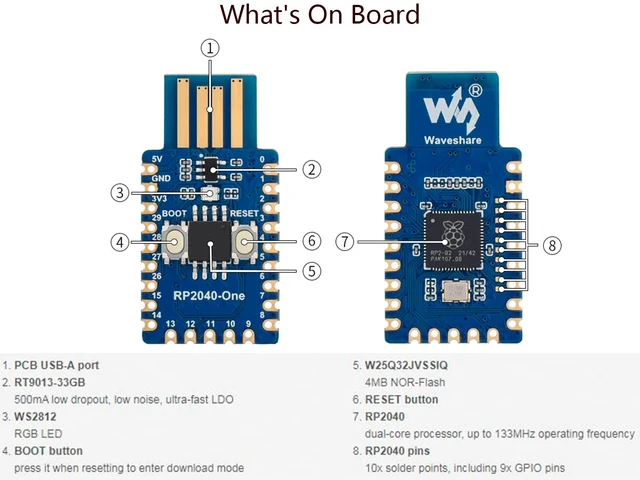 Alt view image 11 of 14 - RP2040-One, Pico-Like MCU Board Based on Raspberry Pi RP2040, 4MB Flash MCU Board, Dual-Core Arm Cortex M0+ Processor up to 133 MHz, Onboard USB Type-A Plug,Plug and Play