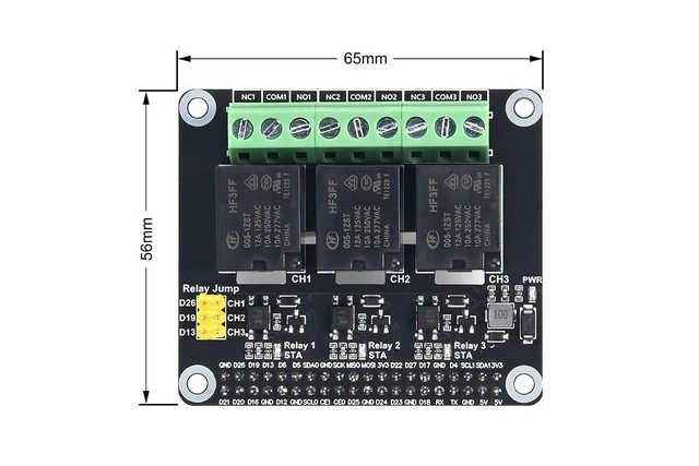 Alt view image 14 of 14 - 3-Channel Relay HAT for Raspberry Pi, GPIO Relay Expansion Board, Supports 5A 250V AC / 30V DC Load, Opto-Isolated, Onboard LEDs, Compatible with Raspberry Pi 5/4/3/Zero for Home Automation