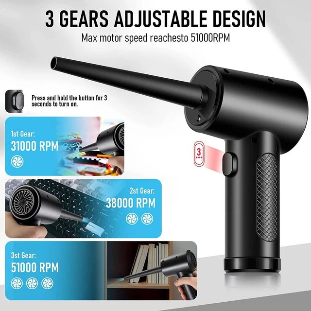 Alt view image 3 of 7 - Compressed Air Duster - 3 Gear Speed 50000 RPM 6000mAh 7.2KPA Electric Air Duster, Replaces Compressed Air Cans, Cordless air Blower Rechargeable for Cleaning Camera Computer, Household and Pet Hair