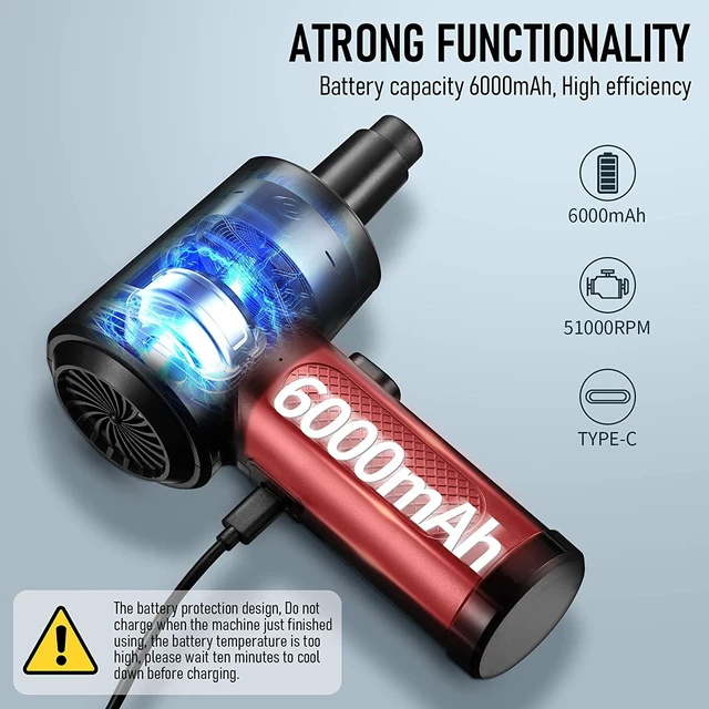 Alt view image 4 of 7 - Compressed Air Duster - 3 Gear Speed 50000 RPM 6000mAh 7.2KPA Electric Air Duster, Replaces Compressed Air Cans, Cordless air Blower Rechargeable for Cleaning Camera Computer, Household and Pet Hair